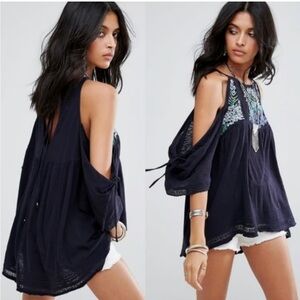 Free People fast times Navy beaded Embroidered cold shoulder  Blouse